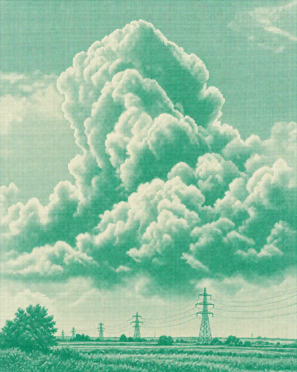Engraved emerald-ink artwork of towering cumulus clouds over a rural horizon with power pylons