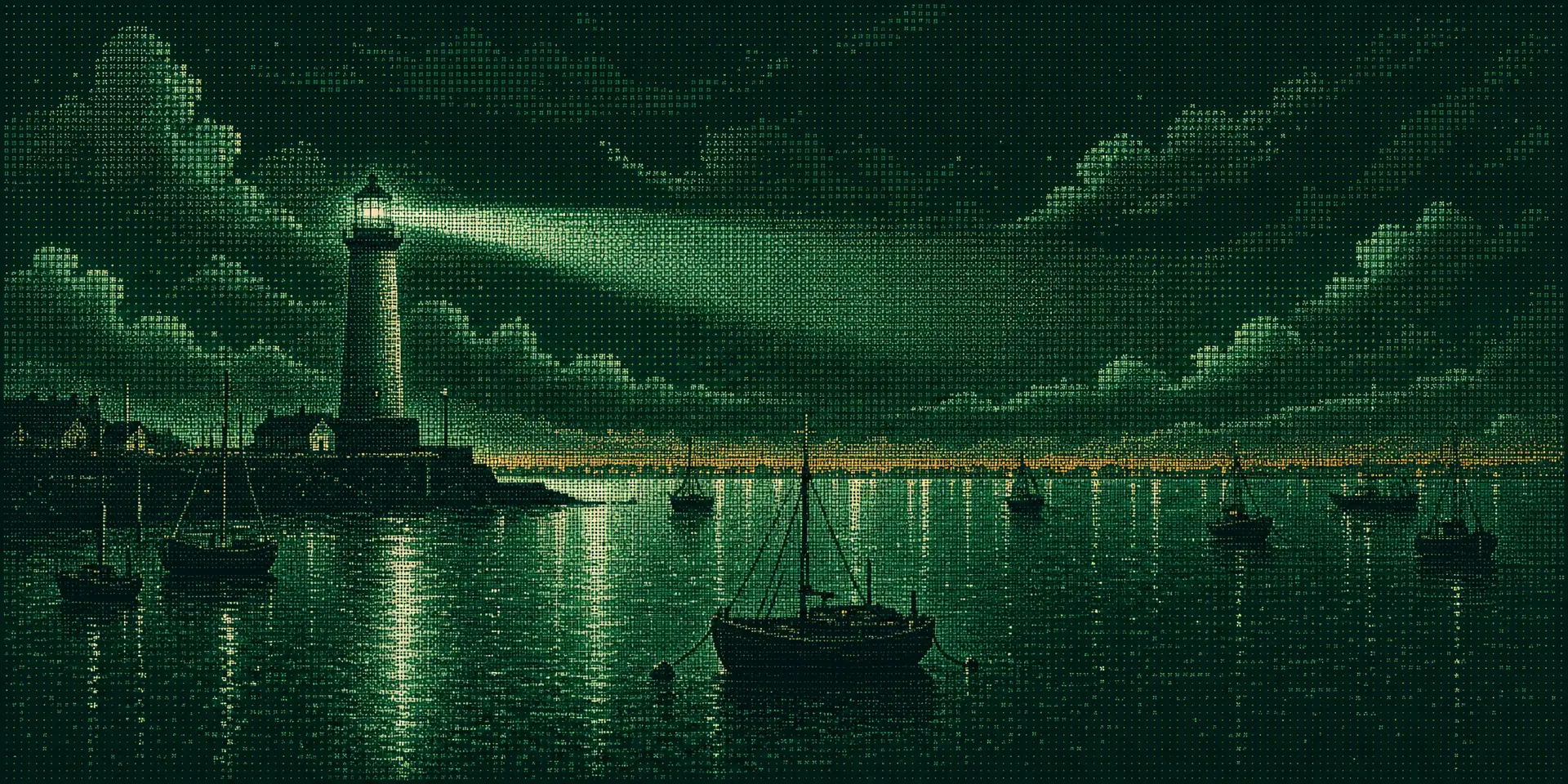 ASCII dither artwork of a harbor at night, a lighthouse beam sweeping over dark water and moored boats