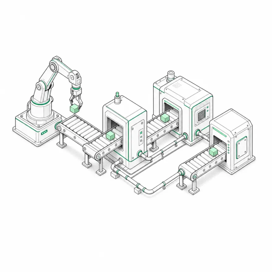 Isometric illustration of a small assembly line with a robotic arm placing a block on a conveyor