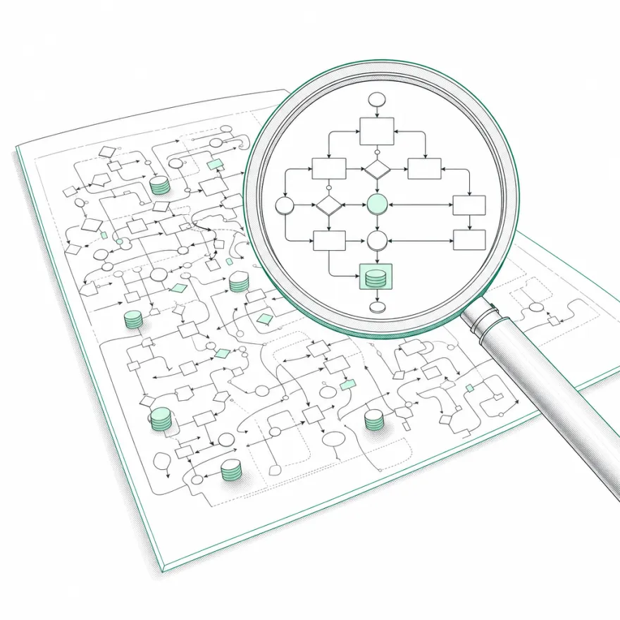 Isometric illustration of a magnifying glass resolving a tangled flowchart into an ordered one