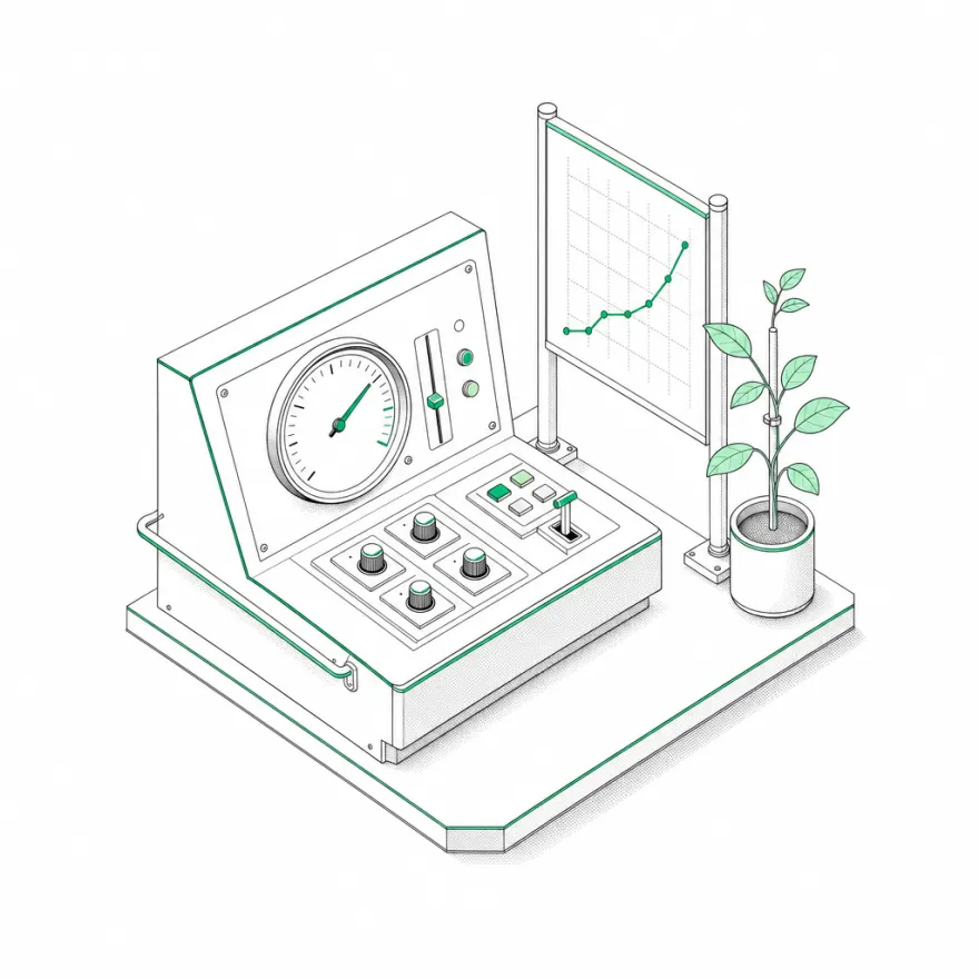 Isometric illustration of a monitoring control desk with a gauge, a rising chart, and a growing plant